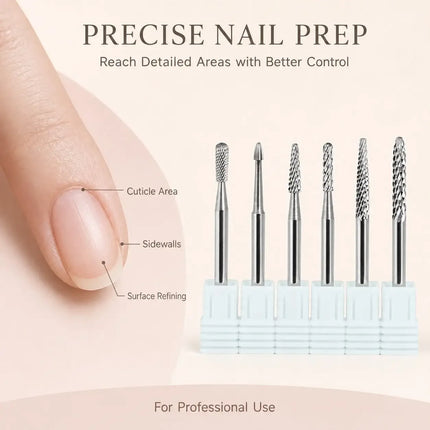 6PCS Tungsten Carbide Nail Drill Bit Set for Cuticle Prep, Professional Manicure Bits for Sidewalls, Dead Skin and Nail Surface Cleaning, with Individual Storage Bases, Salon Nail Art Tools