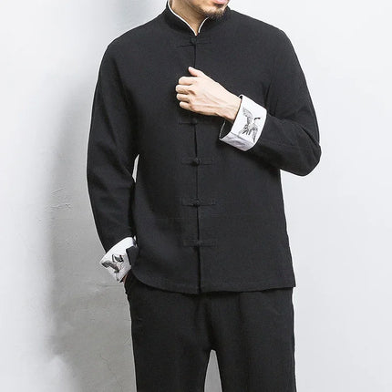 Nuovo gru ricamo top abbigliamento tradizionale cinese per uomo camicie vintage in lino a mezza manica colletto Madarin solido Hanfu Kungfu