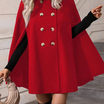 Ladies Mid Length Cape Coat Round Neck Double Breasted Metal Buttons Sleeveless Loose Cloak Outer Jacket For Party