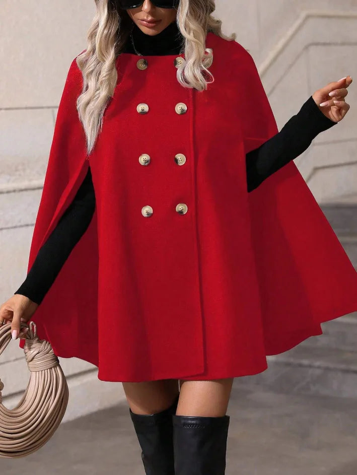 Ladies Mid Length Cape Coat Round Neck Double Breasted Metal Buttons Sleeveless Loose Cloak Outer Jacket For Party
