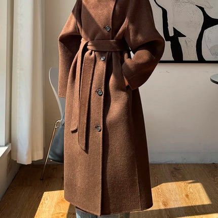 Korean Fashion Dark Gray Stand Collar 100%Wool Coat Women Long Winter Jacket