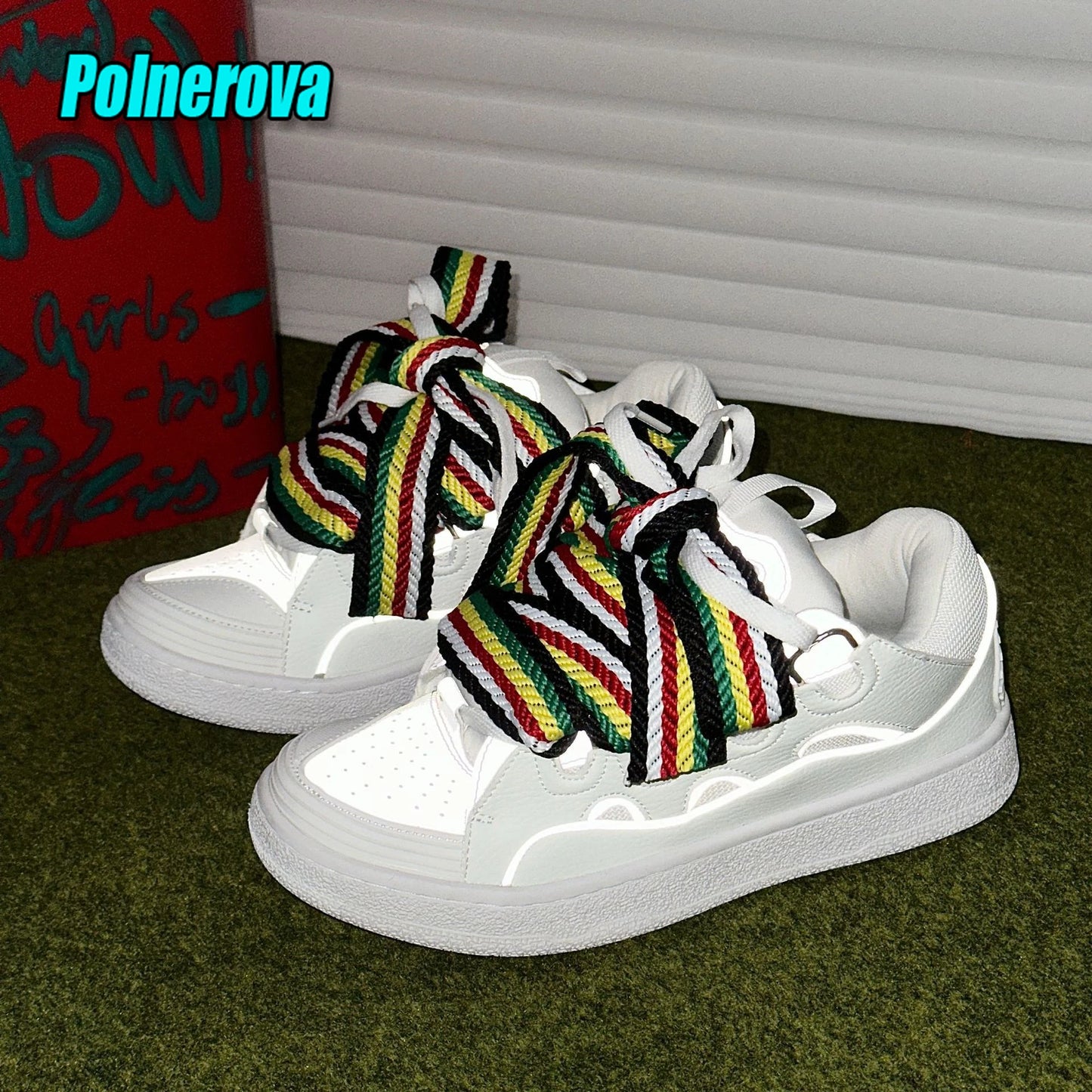 Black White Mixed Colors Couple Casual Sneakers Novelly Reflective Thick Sole Lace-Up Walking Shoes Breathable Women Men Shoes