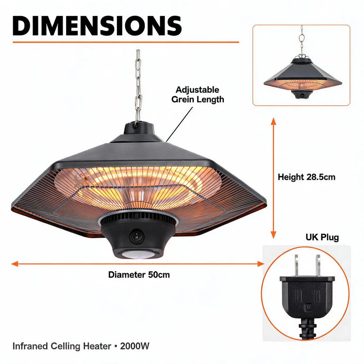 2000W Ceiling Patio Heater with LED Light, Dual Carbon Fiber Tube 3 Speed Adjustable Power Steel Shell Electric Infrared Heater, Touch & Remote Control, 50cm Hanging Chain for Outdoor Indoor Use