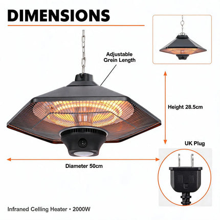 2000W Ceiling Patio Heater with LED Light, Dual Carbon Fiber Tube 3 Speed Adjustable Power Steel Shell Electric Infrared Heater, Touch & Remote Control, 50cm Hanging Chain for Outdoor Indoor Use