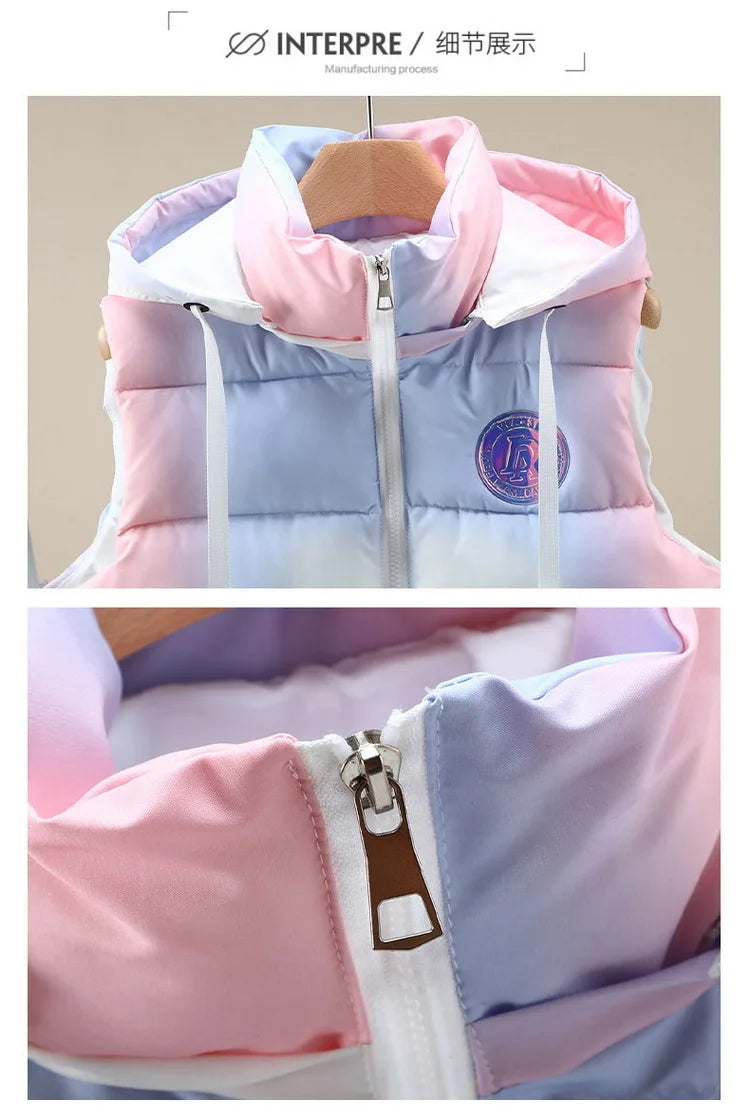 #3622 Tie Dye Hooded Sleeveless Jacket Women Zipper Sim Fit Warm Vest Waistcoat Female Outerwear Veste Unisex Autumn Winter 2024
