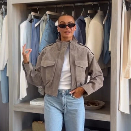 Brown Suede Leather Short Coats Women Solid Stand Collar Zipper Waist Belted Cropped Jackets 2026 Lady Autumn Y2k Casual Outwear