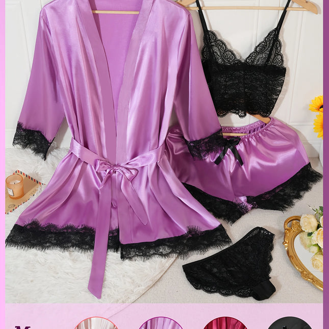 Conjunto de pijama de satén de 4 piezas para mujer, bata de lencería de encaje, ropa de dormir de seda sexy, camisón de satén suave, camisón, bata de noche