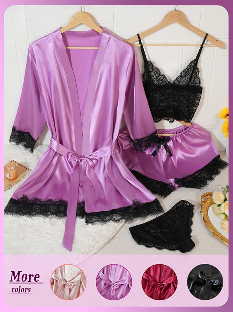 4 pezzi donna pigiama in raso set vestaglia lingerie di pizzo indumenti da letto di seta sexy indume
