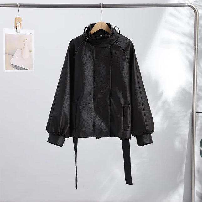 Casual Leather Jackets Women High Neck Long Sleeves Single Breasted Belts Loose Pu Coats Female 2026 Autumn New Chic Outwears