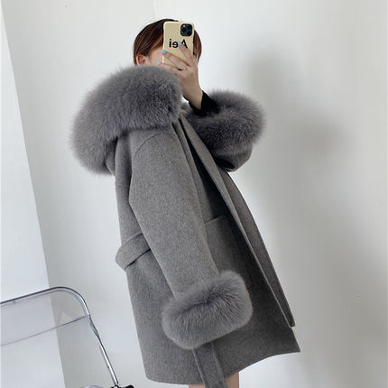 2024 New Oversize Ladies Outerwear Real Fur Coat Winter Jacket Women Natural Fox Fur Collar Cuffs Hood Cashmere Wool Woolen