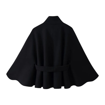 Women's Elegant Midi Cape Coat with Stand Collar Three Quarter Flared Sleeves Solid Color Belted Loose Fit Poncho For Woman