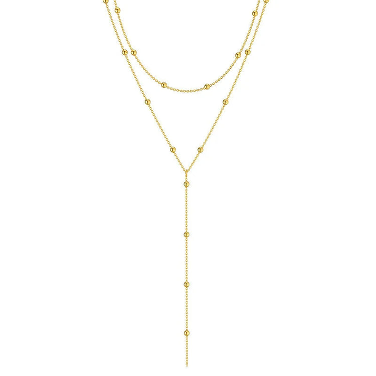 LATS Gold Color Double Layered Long Tassel Chain Necklaces for Women Simple Metal Geometric Bead Choker Necklace Fashion Jewelry PlatiNum