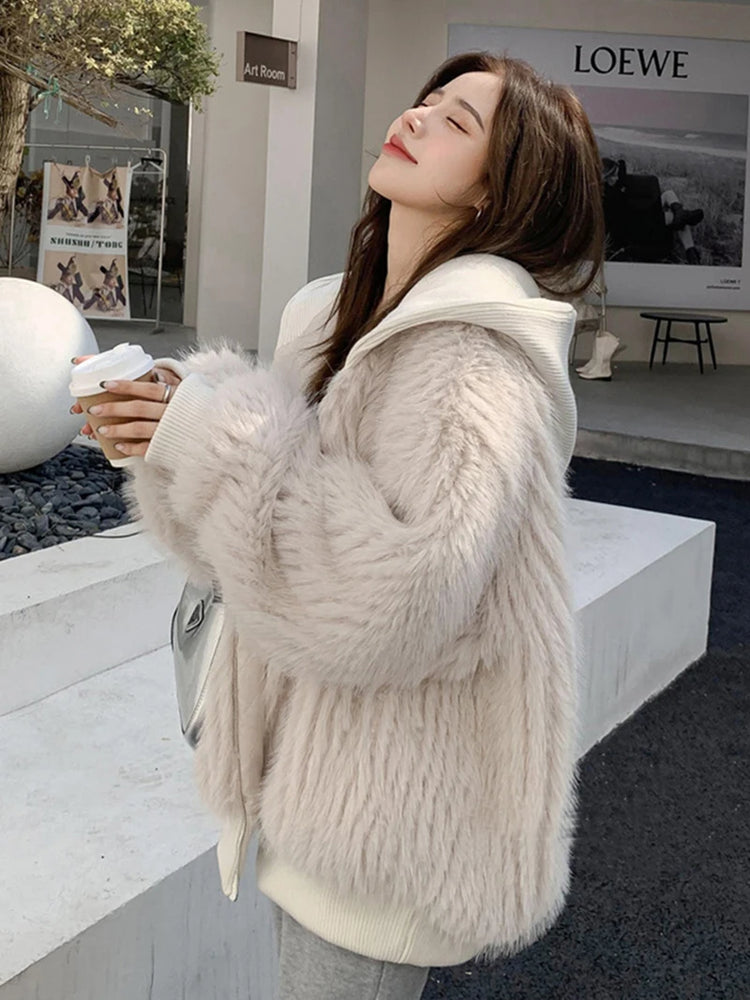 ZADORIN New Luxury Brands Trimmed Faux Fur Jacket Woman Fashion Hooded Casual Oversized Puffy Fox Fur Faux Coat Winter Clothes