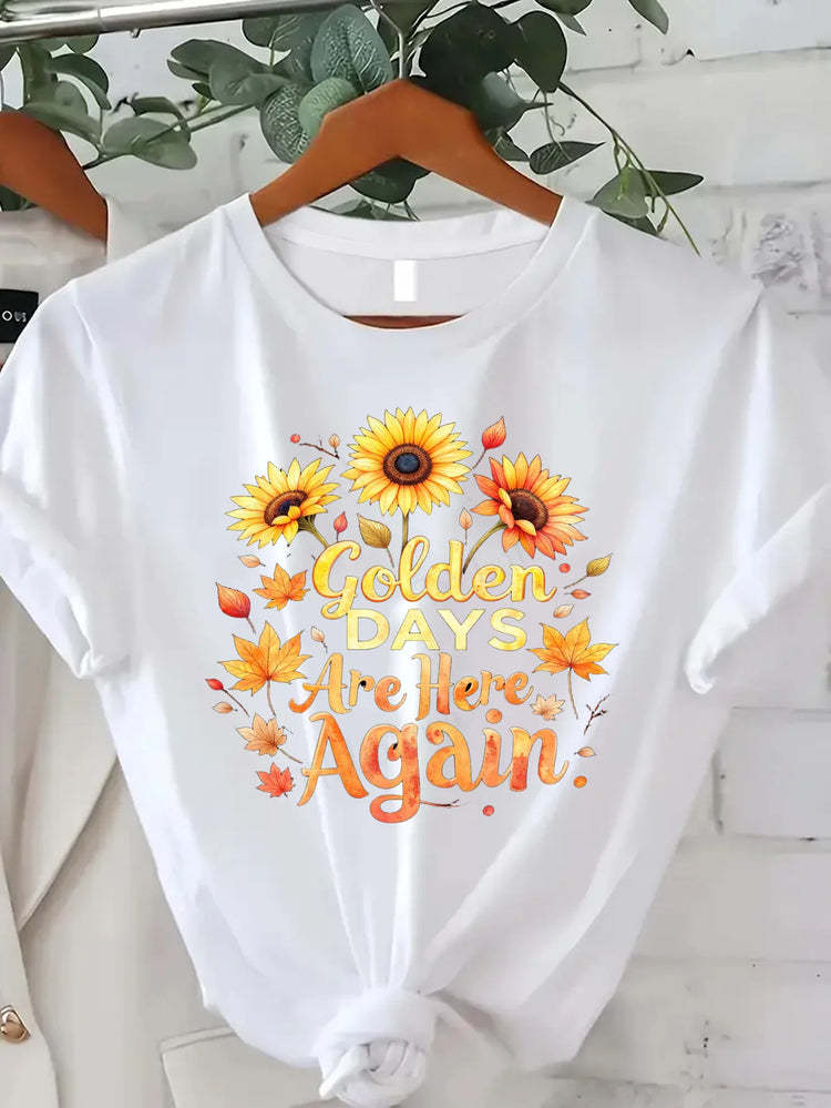 Comoda maglietta da donna con stampa Cozy Feels Forever T-shirt da donna con stampa floreale, stile casual comfort