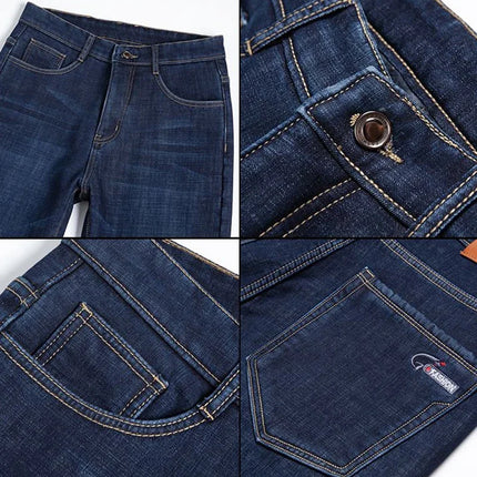 2026 Winter Thermal Stretch Jeans Men New Loose Straight Leg Casual Trousers Male Daily Commute Windproof Denim Pants