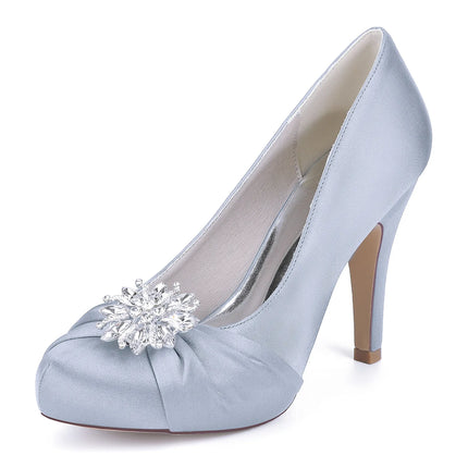 Primavera Boca de pescado Punta redonda Diamantes de imitación de seda Zapatos de boda impermeables de tacón alto para mesa Sandalias de mujer de talla grande para vestido de banquete