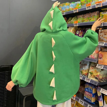 Autumn Women Cartoon Dinosaur Horn Cap Hoodies Harajuku Sweatshirts Cute Front Short Back Long Halloween Dragon Shape Pullovers
