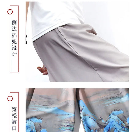 Nuovi Pantaloni da Uomo con Stampa Tradizionale a Gru, Stile Cinese Vintage, Pantaloni Harem Estivi, Pantaloni Larghi Hanfu Oversize da Uomo