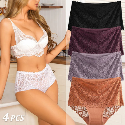 4PCS/SET Women's Sexy Lace Panty Hollow Out High Waist Women's Briefs Breathable Comfortable Underwear Plus Size Women Lingerie
