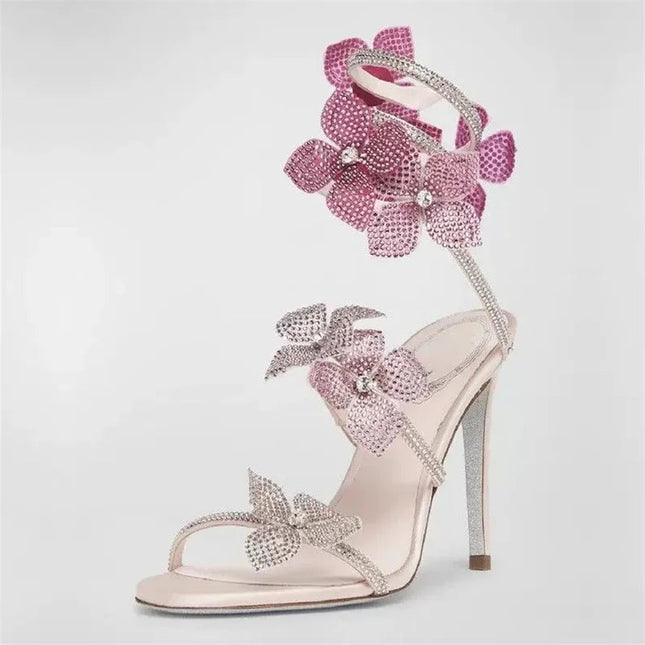 Eilyken Sexy CRYSTAL Flower Thin High Heels Women Sandals Street Style Narrow Band Ankle Strap Pole Dancing Ladies Shoes PlatiNum