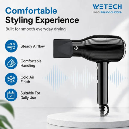 2000W WETECH Professional Hair Dryer AC 220‑240V Cold Air Blow Dryer Lightweight Black Hairdryer for Home Travel Salon Hair Styling