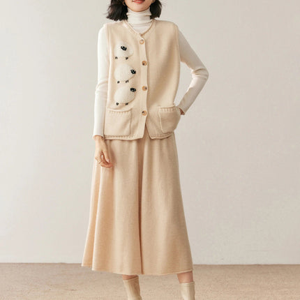 Women's 100% Pure Cashmere Skirt Autumn Winter Mid-calf A-line Knitted Full Skirt High Waist Soild Dress Elegant Basic High-end PlatiNum