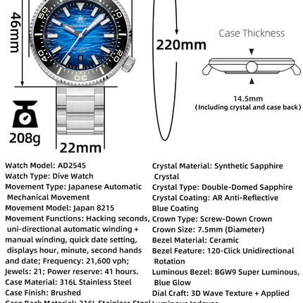 ADDIESDIVE New Men's Automatic Dive Watch Sapphire Crystal 3D Dial Ultra Bright Lume 1000m Water Resistance Men's Business Watch