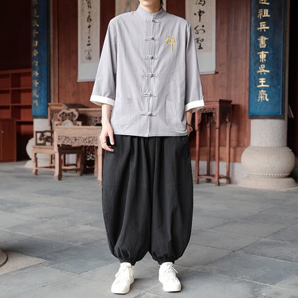 Camicie in cotone e lino Stile cinese retrò Tai Chi Kung Fu Camicie tradizionali Ricamo Camicia da uomo comoda e traspirante vestibilità ampia