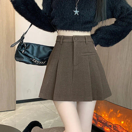 Gidyq Women Wool Mini Skirt Casual Korean Female High Waist Pleated Skirt Harajuku Fashion Streetwear Thick A Line Skirts New PlatiNum