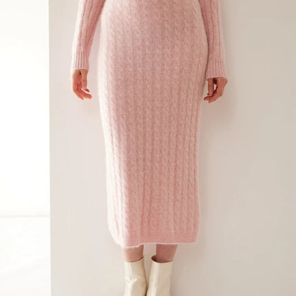 Autumn Winter 100% Cashmere Skirt Women Soild Mid-calf  High Waist Twist Flower Fit Slimming Knitted Dress  Light Luxury Elegant PlatiNum