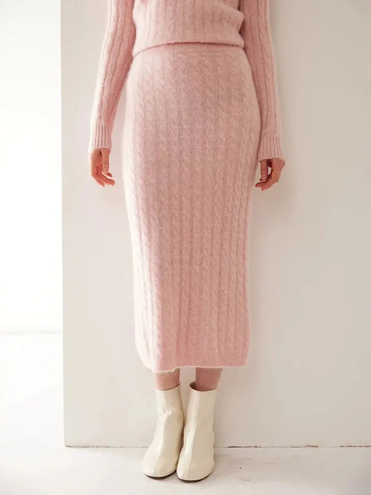 Autumn Winter 100% Cashmere Skirt Women Soild Mid-calf  High Waist Twist Flower Fit Slimming Knitted Dress  Light Luxury Elegant PlatiNum