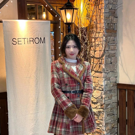 Women's Double Breasted Plaid Coat, Woolen Jacket , V-Neck, Loose Tops, Female Clothes, Sweet, New, Autumn, Winter
