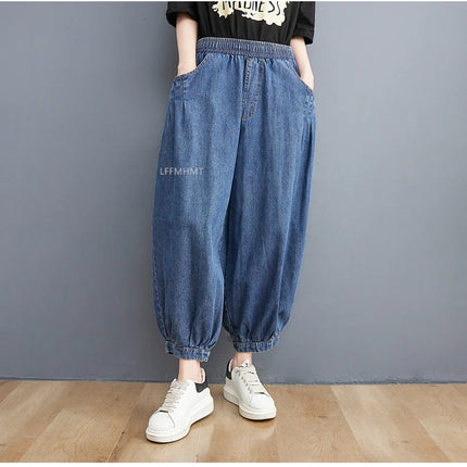Jeans Vintage tinta unita da donna moda estiva pantaloni larghi in Denim elasticizzato in vita femminile pantaloni Harem alla caviglia stile giapponese