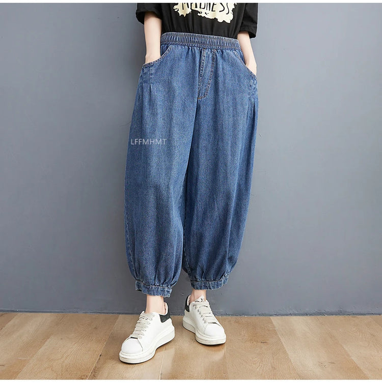 Jeans Vintage tinta unita da donna moda estiva pantaloni larghi in Denim elasticizzato in vita femminile pantaloni Harem alla caviglia stile giapponese