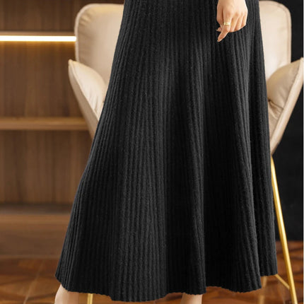 Elegant Women's Pleated Skirt 100% Merino Wool Skirt A-Line Long Skirt Soft Warm Autumn Winter Dress Slim Elastic Waist Office PlatiNum