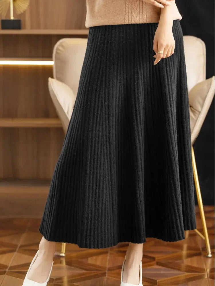 Elegant Women's Pleated Skirt 100% Merino Wool Skirt A-Line Long Skirt Soft Warm Autumn Winter Dress Slim Elastic Waist Office PlatiNum