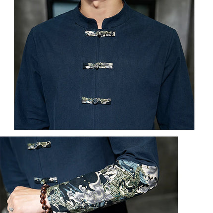 Completo Due Pezzi da Uomo, Nuovo Stile Primaverile in Lino, Comodo Completo Retrò Tang in Cotone Patchwork, Camicia Casual e Giacca Stampata Kung Fu