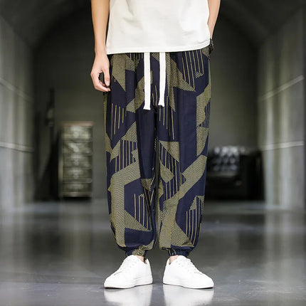 Pantaloni Primavera-Estate da Uomo in Stile Cinese, Sottili e Traspiranti in Cotone e Lino, con Vita Elastica, Pantaloni Harem Stampati Casual e Comodi