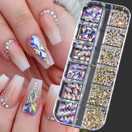 12 Grids Mixed Size Nail Rhinestones SS6 to SS30 Shiny Clear Gold Pink Blue Flat Back Glass Gems for DIY Nail Art Manicure Decoration Supply