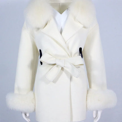 OFTBUY Real Fur Coat Winter Jacket Women Natural Fox Fur Collar Cuffs Belt Cashmere Wool Woolen Ladies Outerwear Streetwear