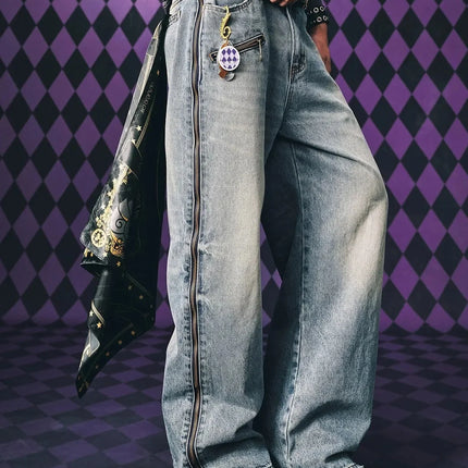 Jeans JoJo Anime con Pannelli Staccabili, Vita Alta, Gamba Larga, Stampa Denim, Viola e Oro, Patchwork, Taglio Dritto, per Uomo e Donna