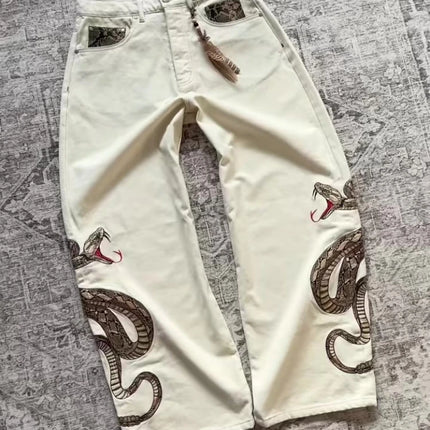 Jeans Streetwear Retrò con Ricamo Boa e Stampa Pitone, Pantaloni in Denim con Tasche, Tendenza Y2K, Unisex, Gamba Dritta e Vestibilità Ampia