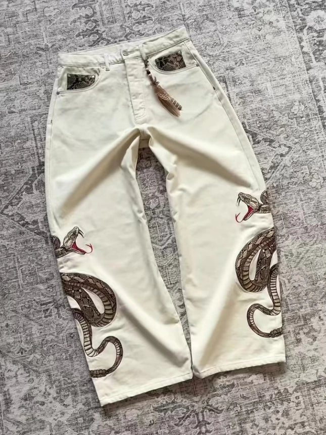 Retro Streetwear Jeans with Boa Embroidery and Python Print, Denim Pants with Pockets, Y2K Trend, Unisex, Straight Leg and Loose Fit