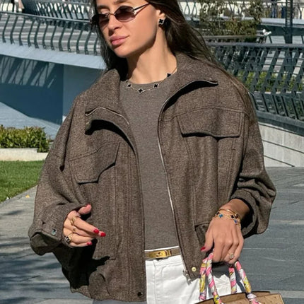 Brown Suede Leather Short Coats Women Solid Stand Collar Zipper Waist Belted Cropped Jackets 2026 Lady Autumn Y2k Casual Outwear
