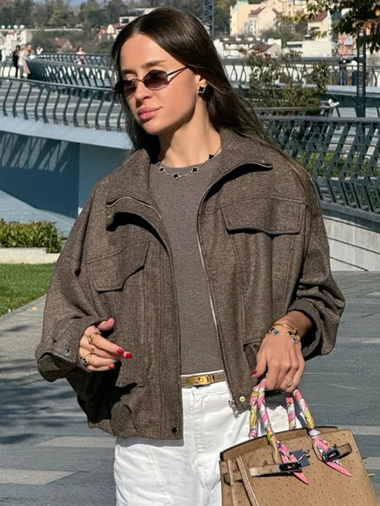 Brown Suede Leather Short Coats Women Solid Stand Collar Zipper Waist Belted Cropped Jackets 2026 Lady Autumn Y2k Casual Outwear