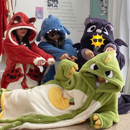Cute Dinosaur Hooded Plush Onesie Pajamas Loose Thick Winter Warm Sleepwear Animal Cosplay Costume Outfits