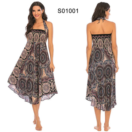 Boho Gonne Donna Rayon Beach Abito lungo Estate Bohemian Jupe Longue Femme Elastico in vita Stampa Fasciatura floreale Halter Hippie platinumshop