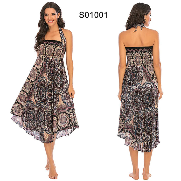 Boho Gonne Donna Rayon Beach Abito lungo Estate Bohemian Jupe Longue Femme Elastico in vita Stampa Fasciatura floreale Halter Hippie platinumshop