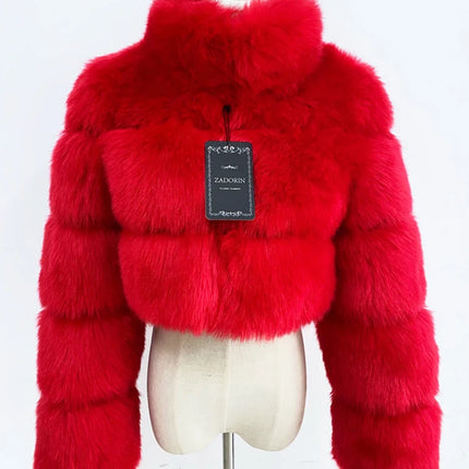 ZADORIN Fashion Cropped Faux Fur Coat Woman Warm Stand Fur Collar Slim Fluffy Fur Jacket Woman Tops Winter Fur Coats Streetwear