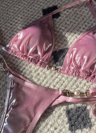 Micro Bikini Rosa Lucido da Donna, Sexy con Perle in PU, Push-Up, Perizoma, Costume da Bagno Estivo, con Lacci, per Vacanze PlatiNum